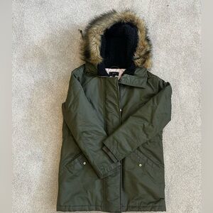Women’s Jcrew Green Parka Coat with Faux Fur Hood and Pink Lining